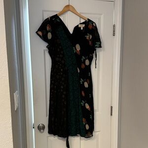 Anthropologie Black and Green Floral Midi Dress